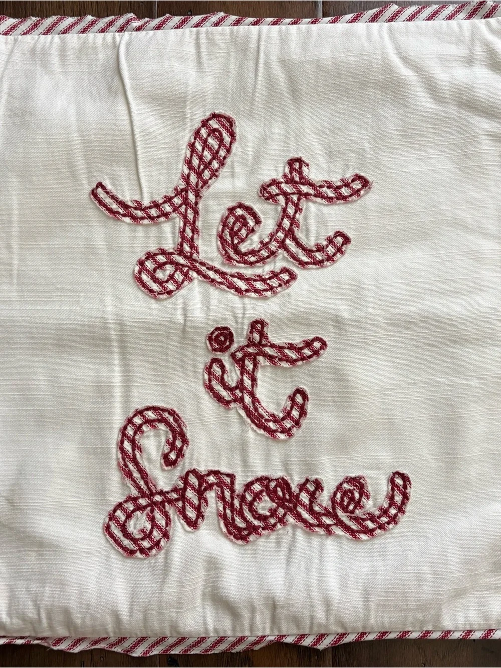 Pottery Barn Let it Snow Applique Reverse Red Ticking 18